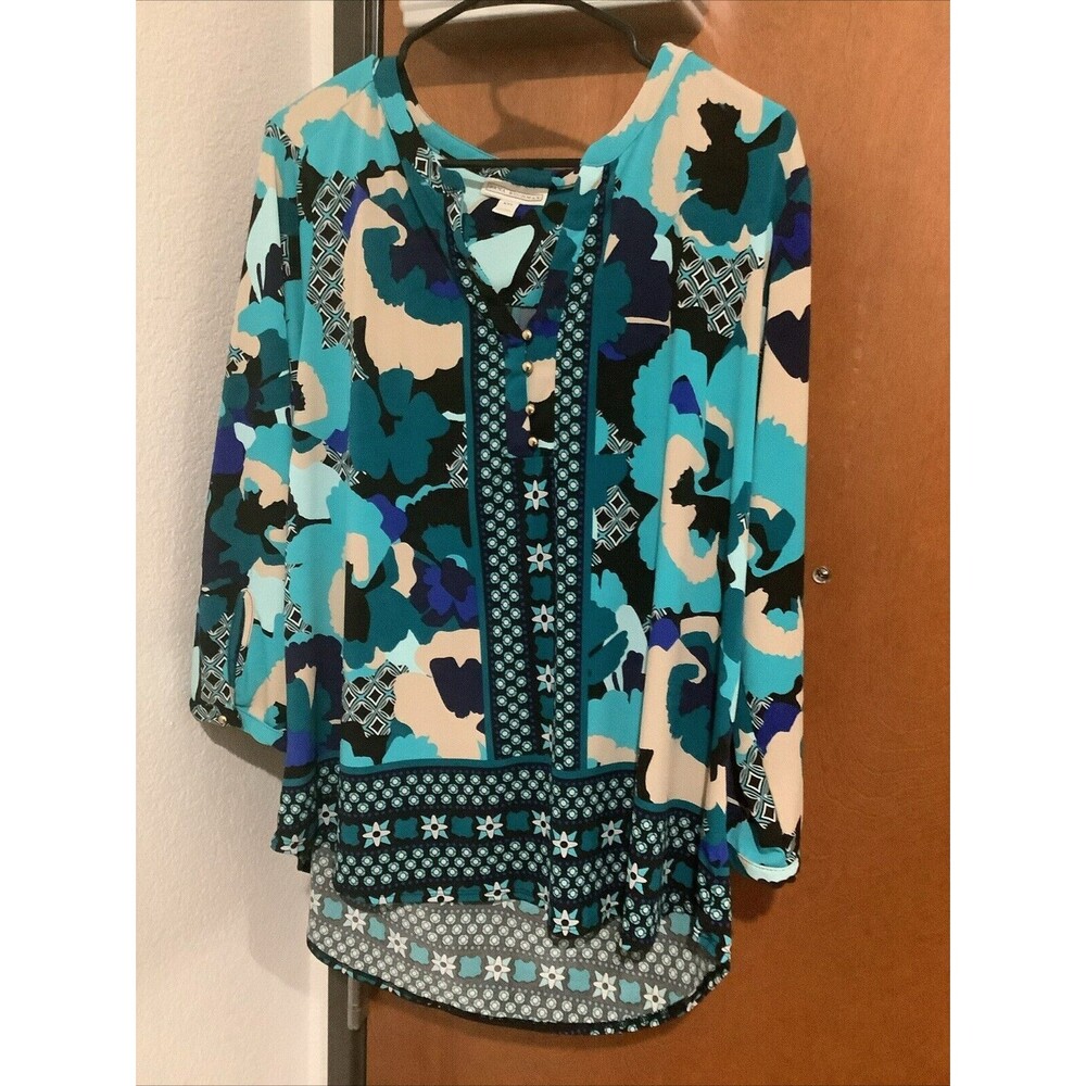 Dana Buchman New Without Tags Women’s XXL Green White Henley Blouse Floral - Picture 1 of 4
